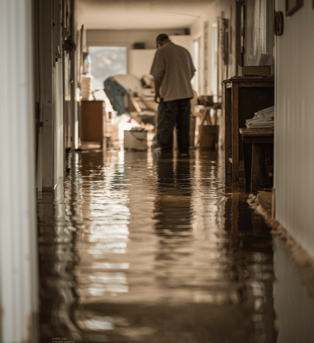 Flooded home interior with water on the floor, moved furniture, and a person inspecting the damage in a hallway.