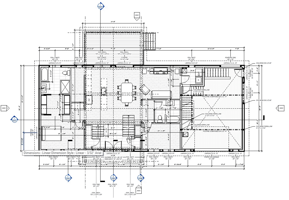 Detailed architectural floor plan of a single-family house with attached garage, open-concept kitchen, central dining room, living room, bedrooms, bathrooms, interior staircase and rear terrace