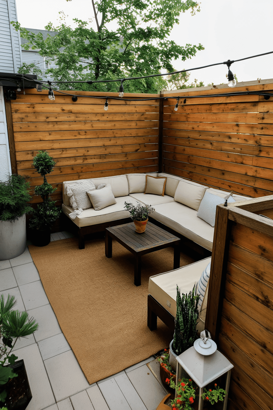 utdoor patio corner with L-shaped sofa, beige cushions, wooden fence, string lights,3 cozy ambiance