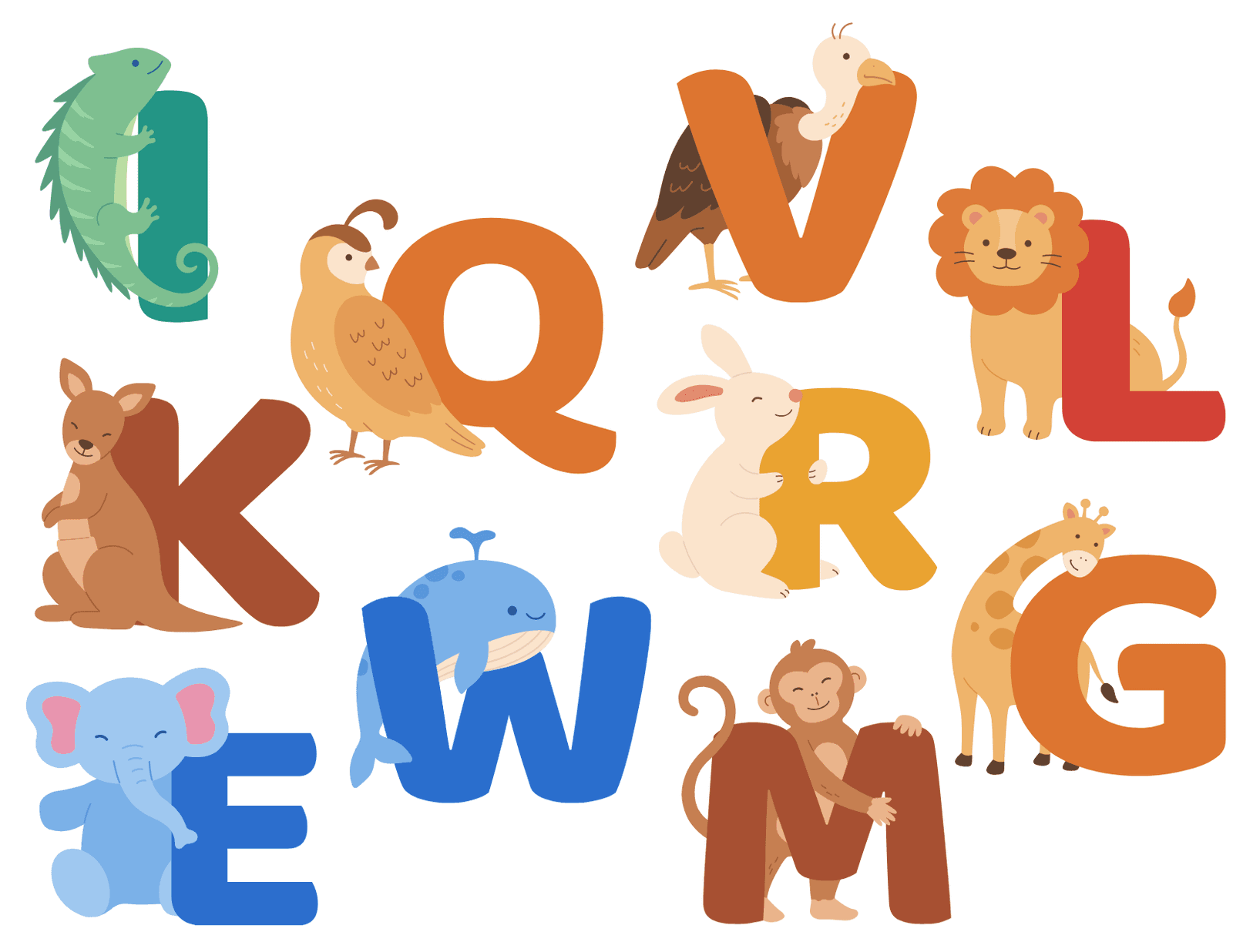 Colorful illustrations of animals and alphabet letters, featuring an iguana, kangaroo, whale, elephant, and other animals paired with letters.