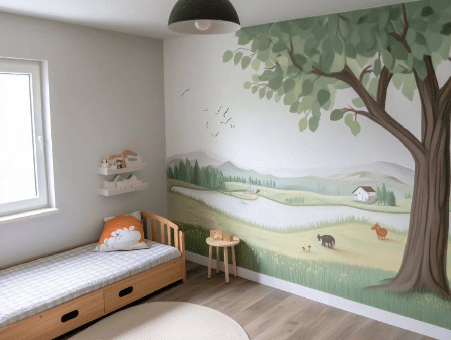 Children's bedroom with a mural depicting a countryside landscape, a wooden bed, and minimalist decorations.