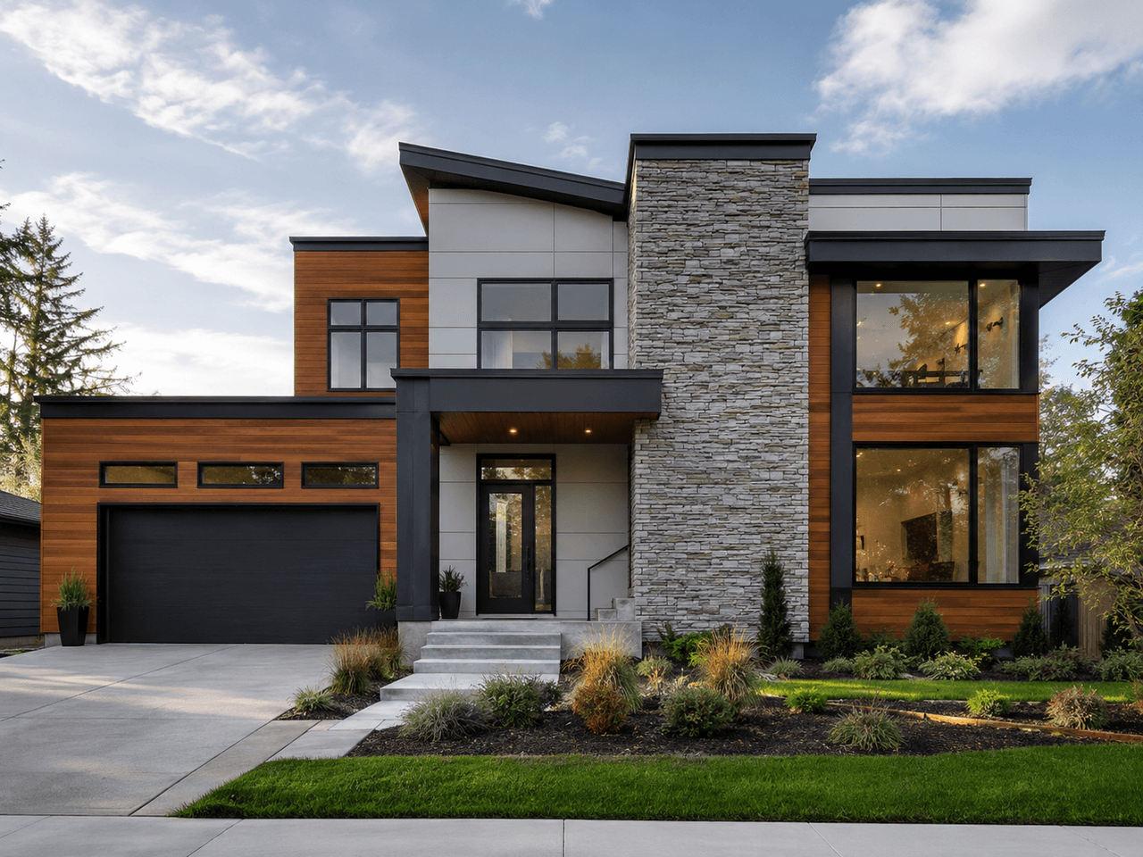 High-end contemporary house with wood siding, natural stone, grey panels, large black-framed windows, an integrated garage, and modern landscaping