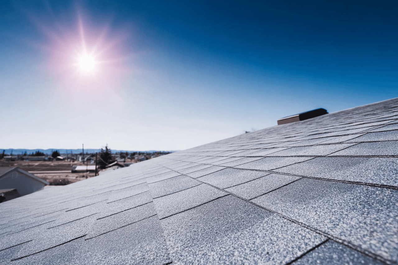 Close‑up view of a residential roof covered with asphalt shingles under a blue sky with the sun shining.
