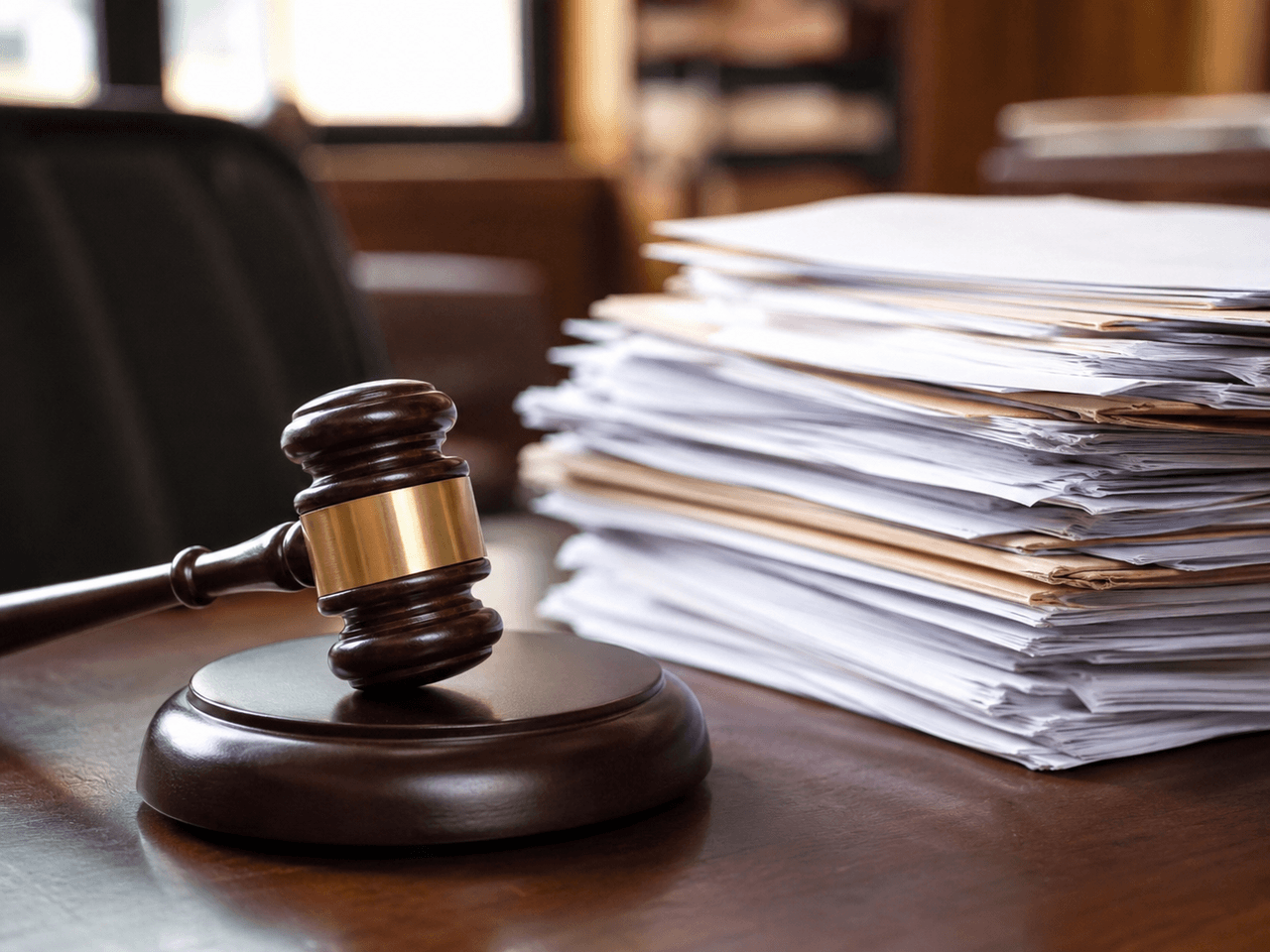 Wooden judge’s gavel resting on a desk beside a stack of legal documents in a law or courtroom setting