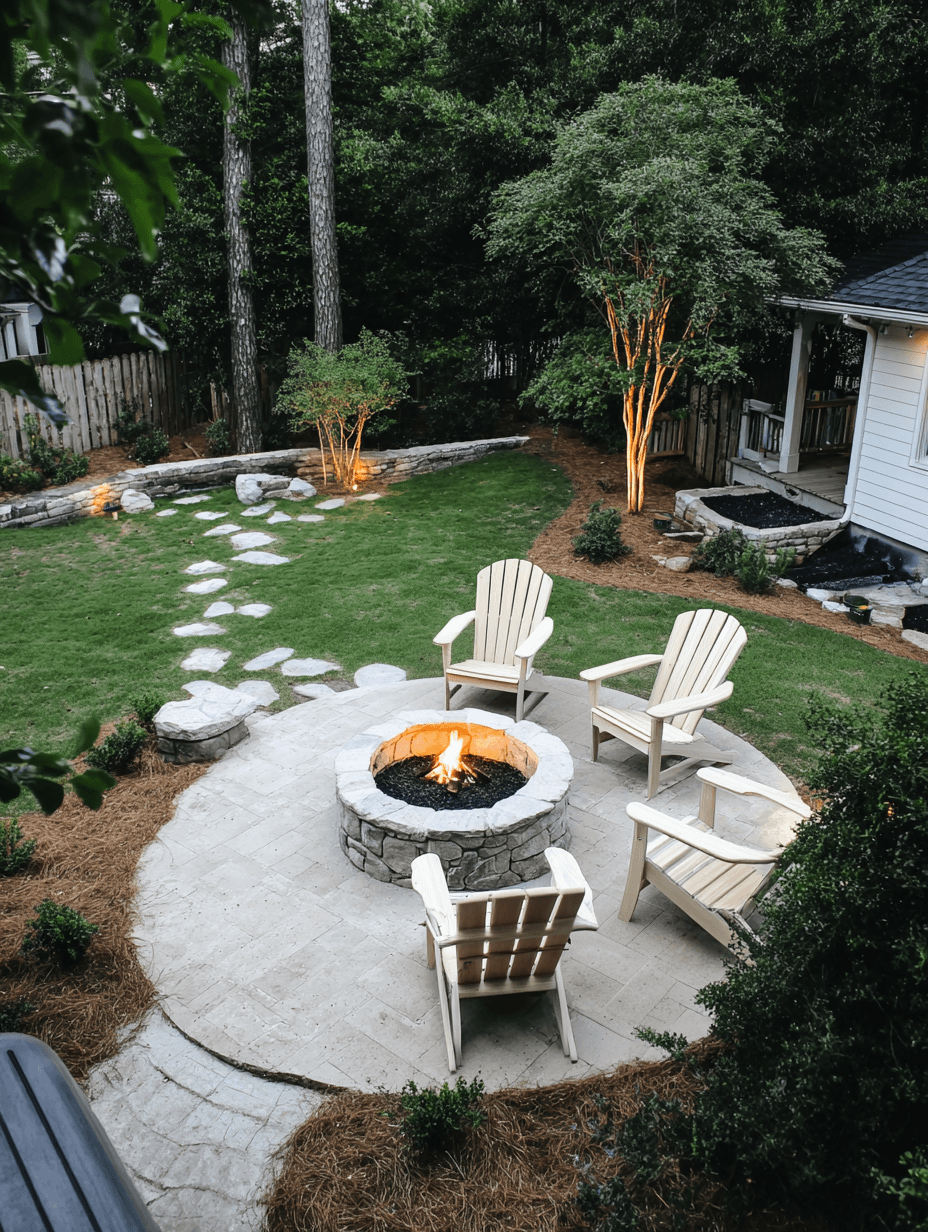 Landscaped backyard patio with stone fire pit, Adirondack chairs, circular paver surface, green lawn and landscape lighting in a wooded yard