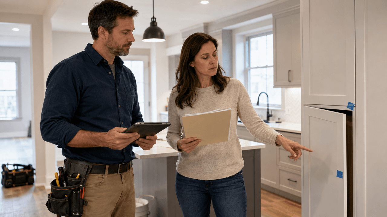 Renovation contractor reviewing a tablet with a homeowner in a modern kitchen as she points out an item requiring correction on a cabinet