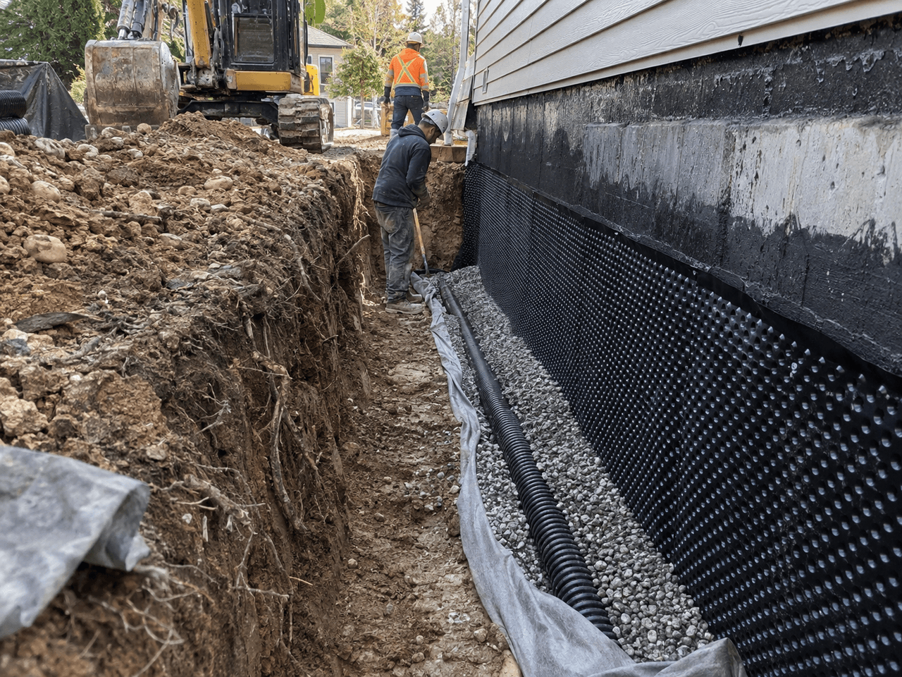 Foundation waterproofing work with black drainage membrane, perforated French drain pipe, gravel and excavation around a house