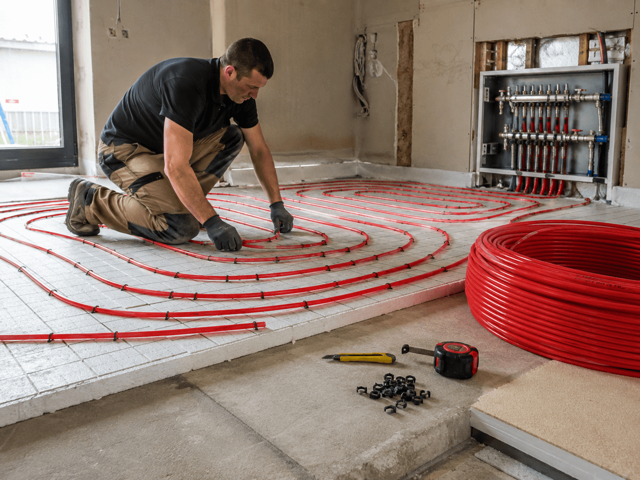 Installer laying red hydronic radiant floor heating pipes connected to a wall-mounted manifold in a home under renovation