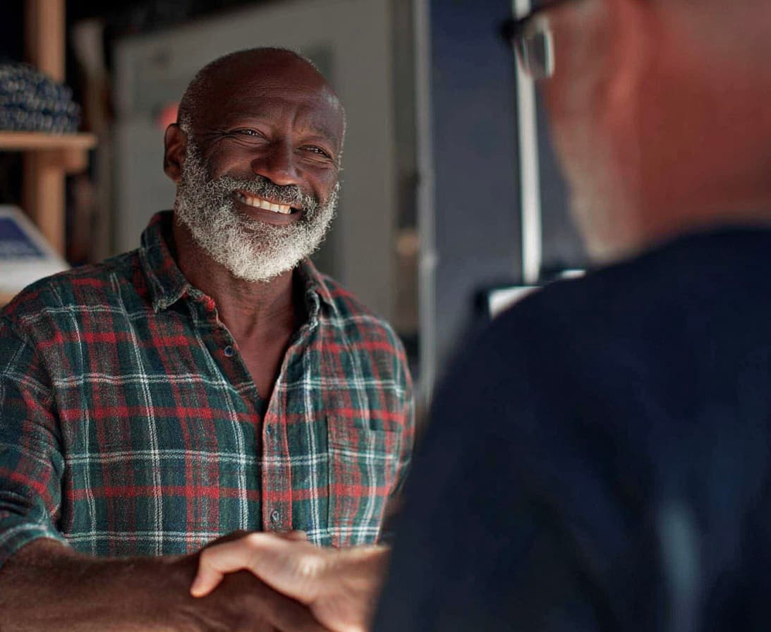 Two men shaking hands during a professional meeting, with a smiling man wearing a plaid shirt in the foreground.