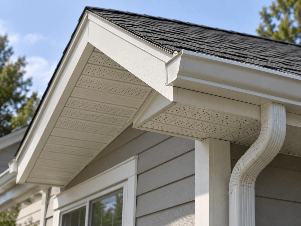 Exterior detail of a residential roof with shingles, white gutter, downspout, vented soffits and fascia on a house with grey siding