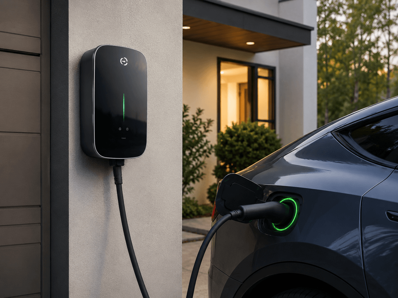 Electric vehicle charging station installed on the exterior wall of a modern home with an electric car charging in a residential driveway
