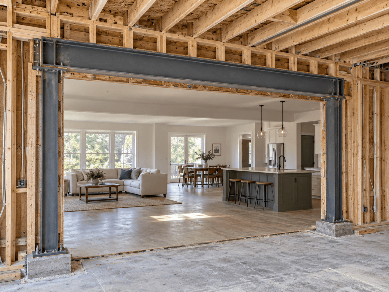 Enlarged structural opening in a home renovation with a steel beam and columns, exposed wood framing and an open-concept view into the kitchen and living room
