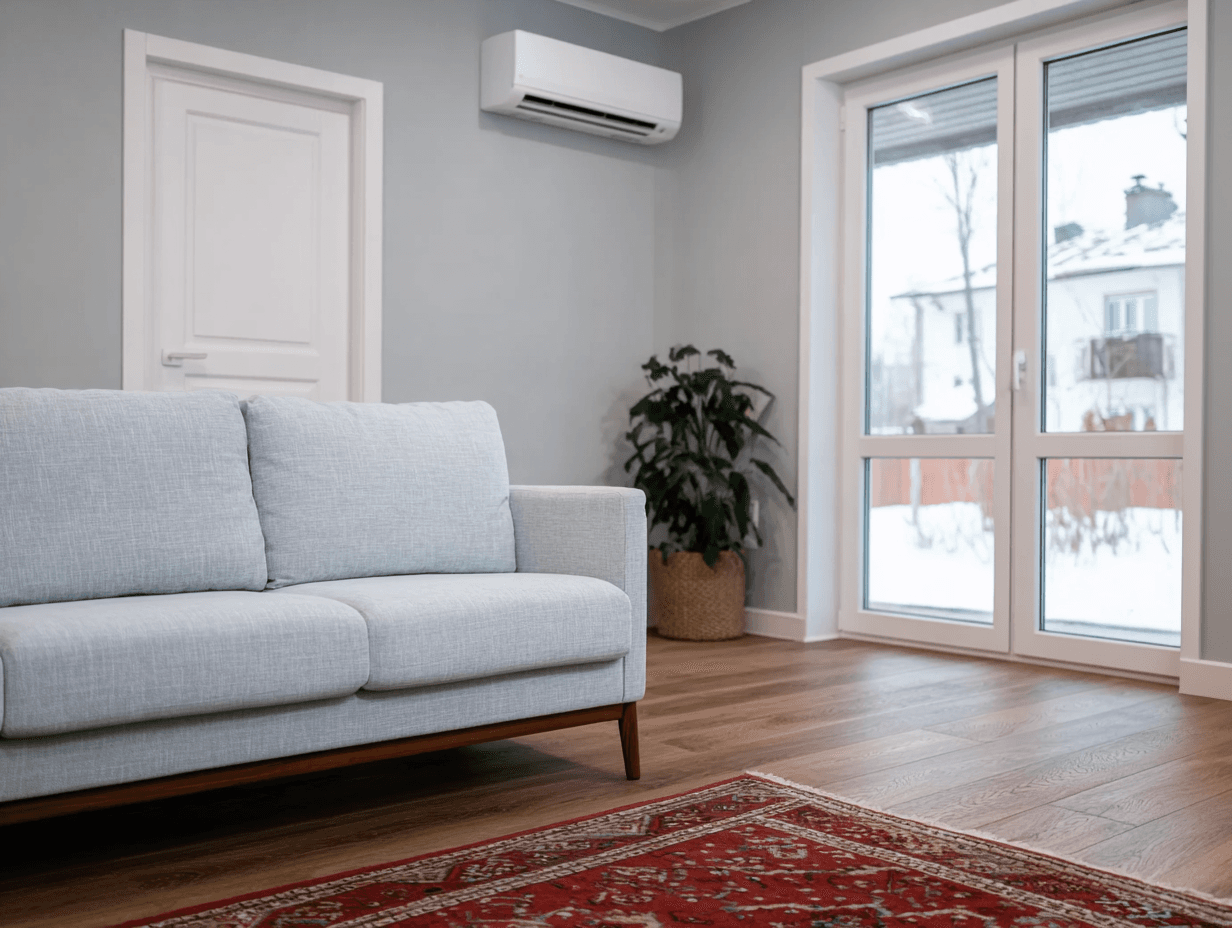 Modern living room with a grey sofa, wood flooring, large glass doors and a wall-mounted heat pump or air conditioning unit