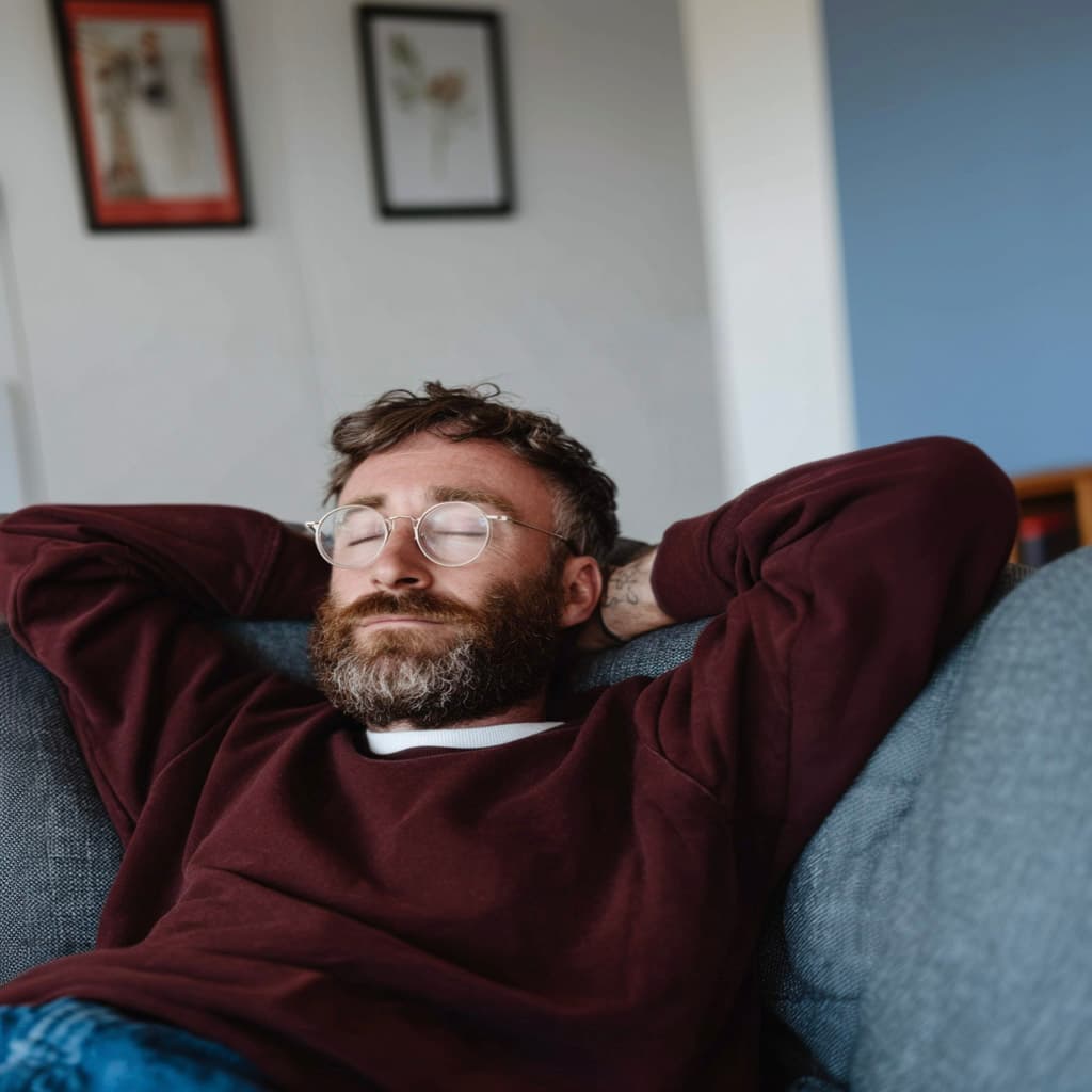 Man relaxing on a sofa in a cozy living room with eyes closed and hands behind his head.