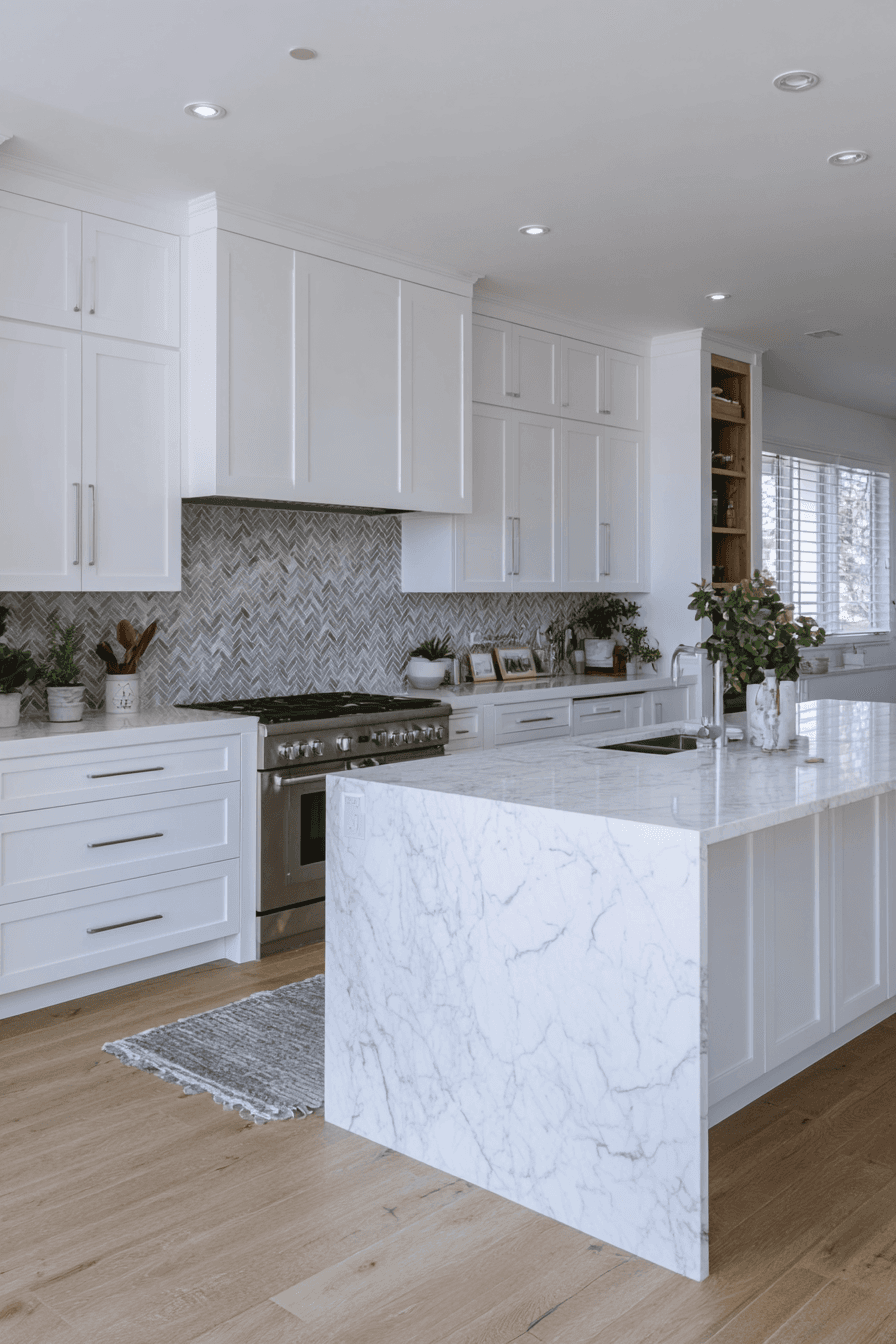 Modern white kitchen with marble central island, built-in cabinets, herringbone backsplash, wood flooring and recessed lighting
