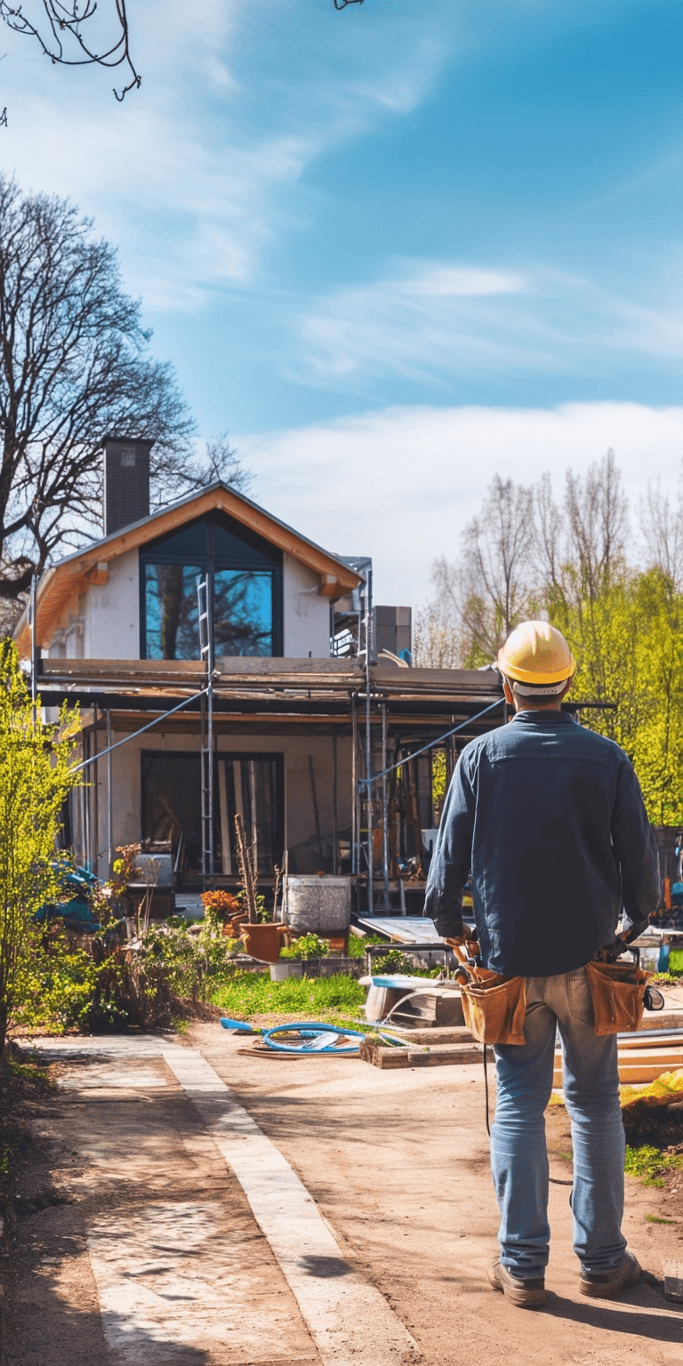 House under construction with scaffolding and worker wearing helmet observing exterior renovation in residential garden