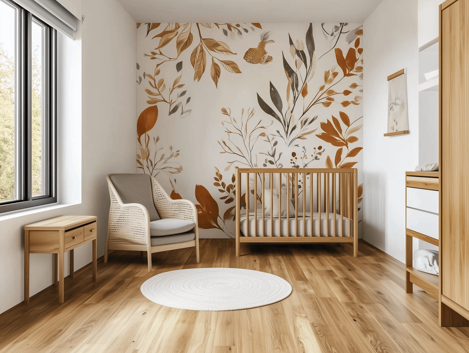 Chambre de bébé avec un berceau en bois, une fresque murale botanique et des meubles en bois clair.