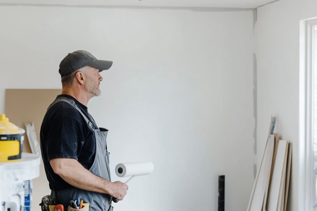 Professional painter renovating a room, holding a white paint roller and wearing overalls with tools.