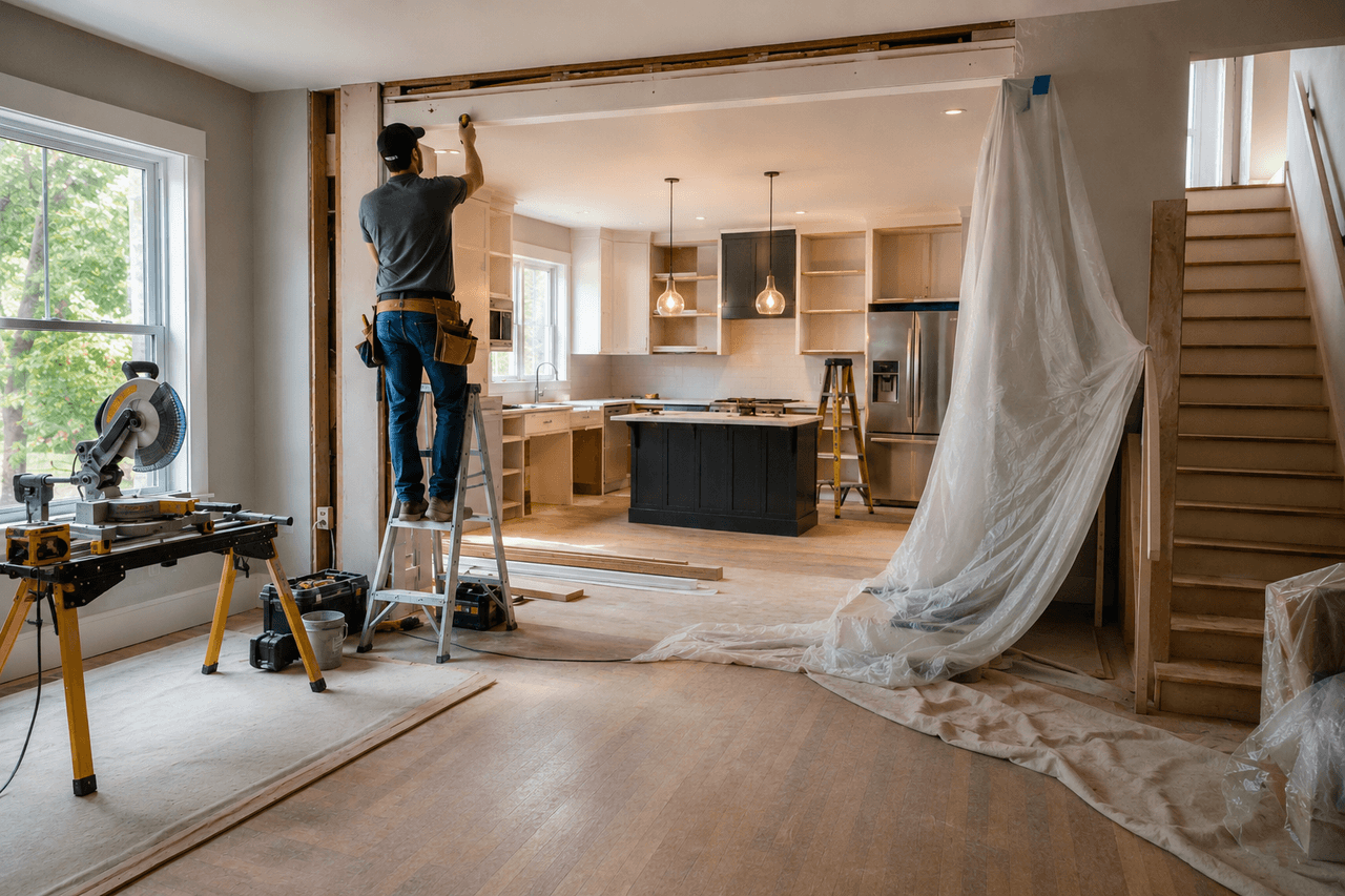 Worker completing finishing work around a large opening between a living room and a kitchen under renovation, with a step ladder, miter saw, and plastic protective sheeting.