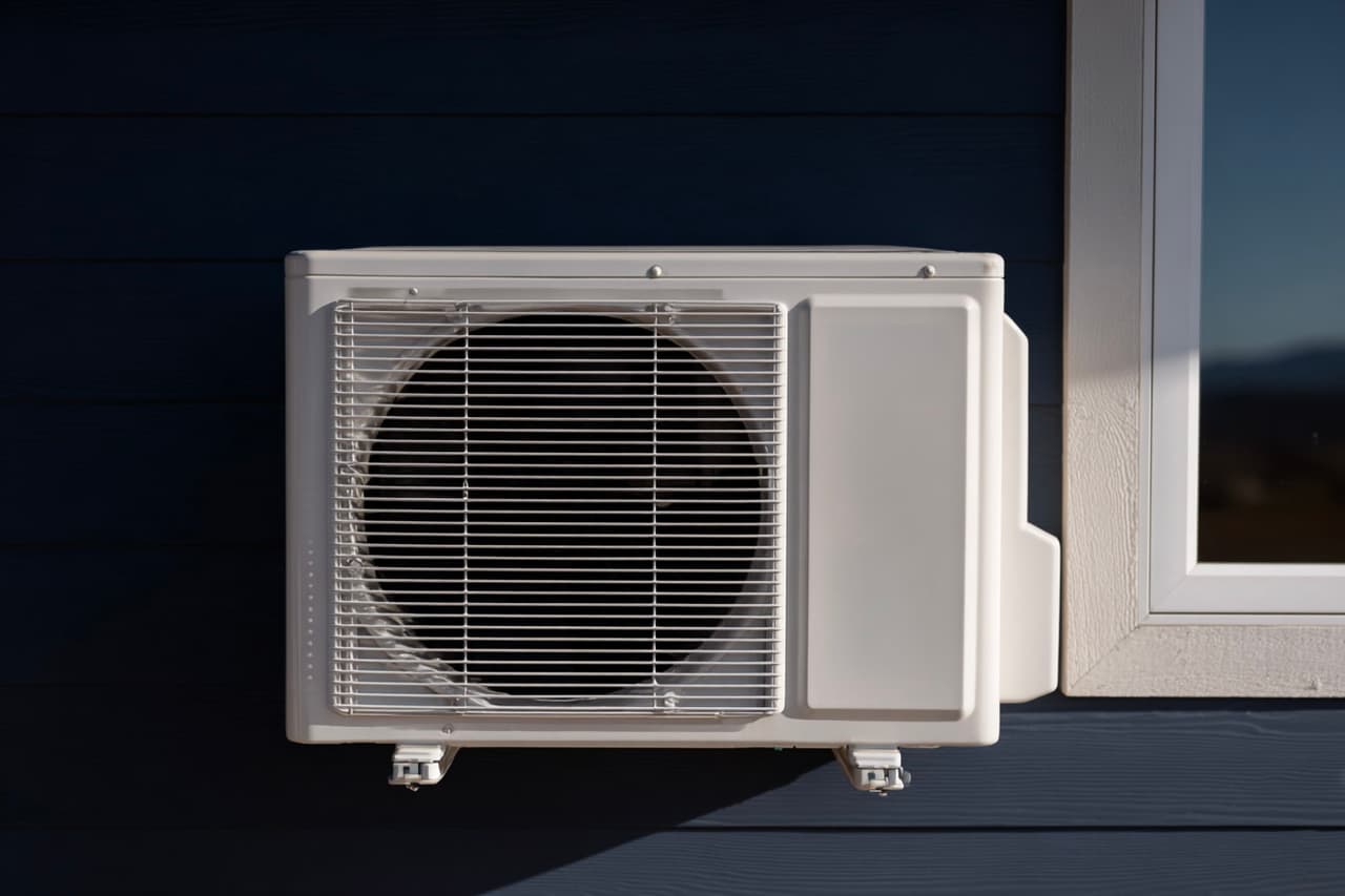 Outdoor air conditioner heat pump unit mounted on a house wall near a window, with fan grille.