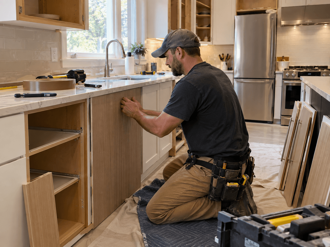 Installer adjusting a kitchen cabinet door during renovation work, with tools, quartz countertop and stainless steel appliances