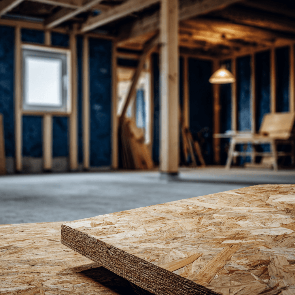 OSB wood panel in the foreground of a basement under construction with open walls, exposed framing, and renovation materials.