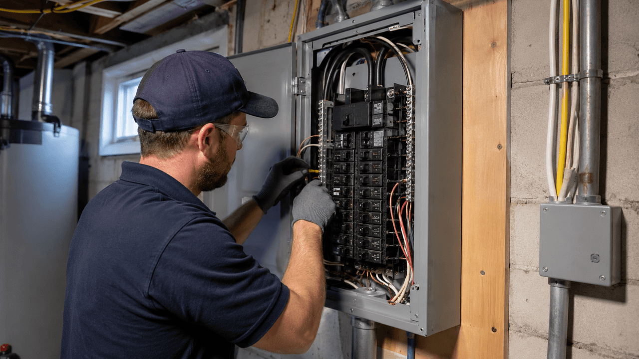 Electrician working on an open residential electrical panel in a basement with circuit breakers, wiring and conduits visible
