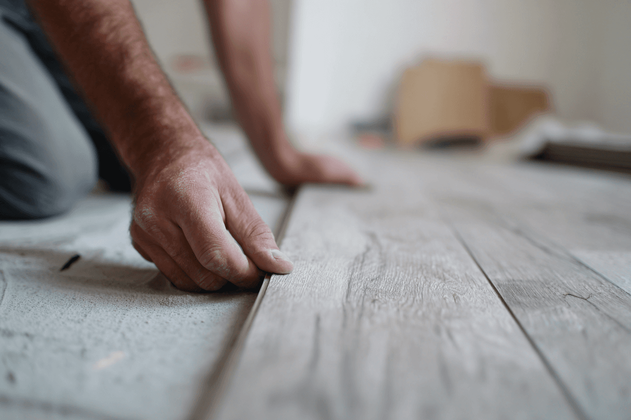 Professional installing wood-look laminate flooring during a residential renovation