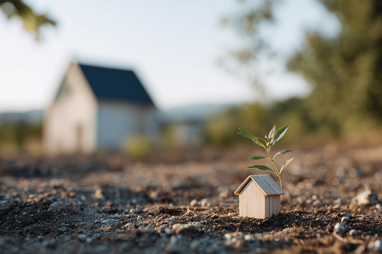 Small wooden house planted in dry soil with a green sprout, symbolizing an eco-friendly and sustainable real estate project