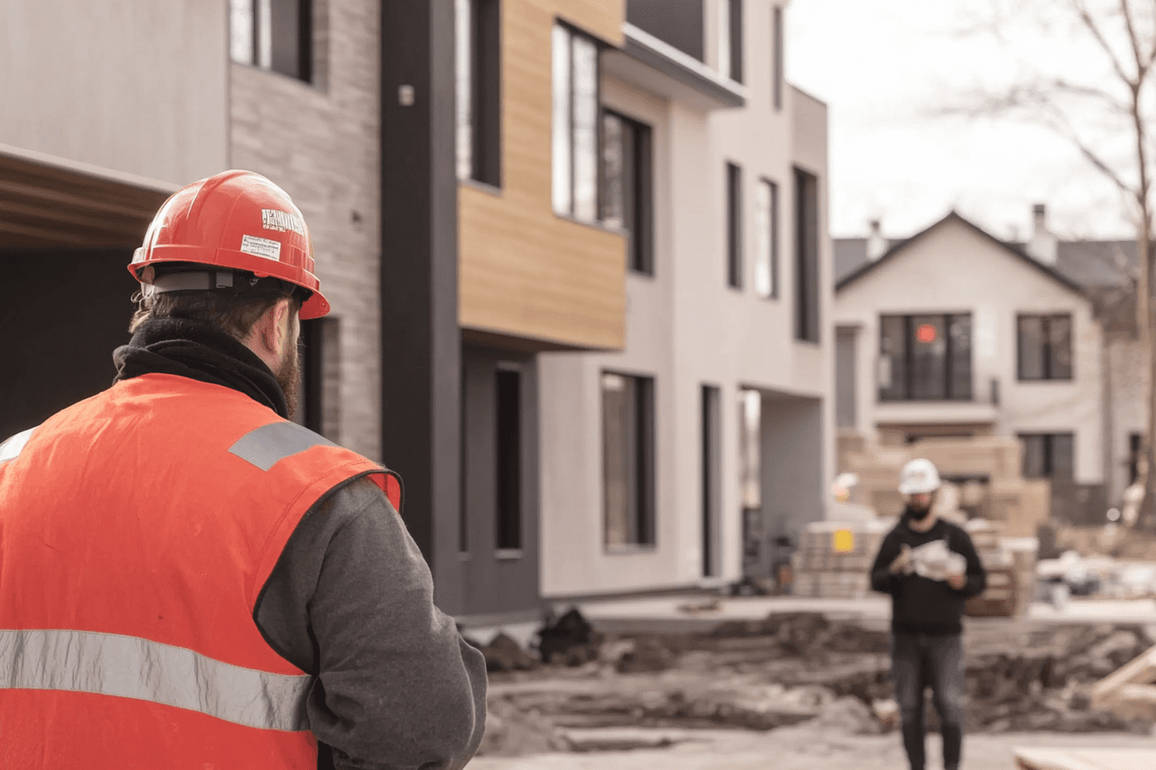 Contractor wearing a hard hat and safety vest observing a residential construction site with modern homes and renovation materials in the background.