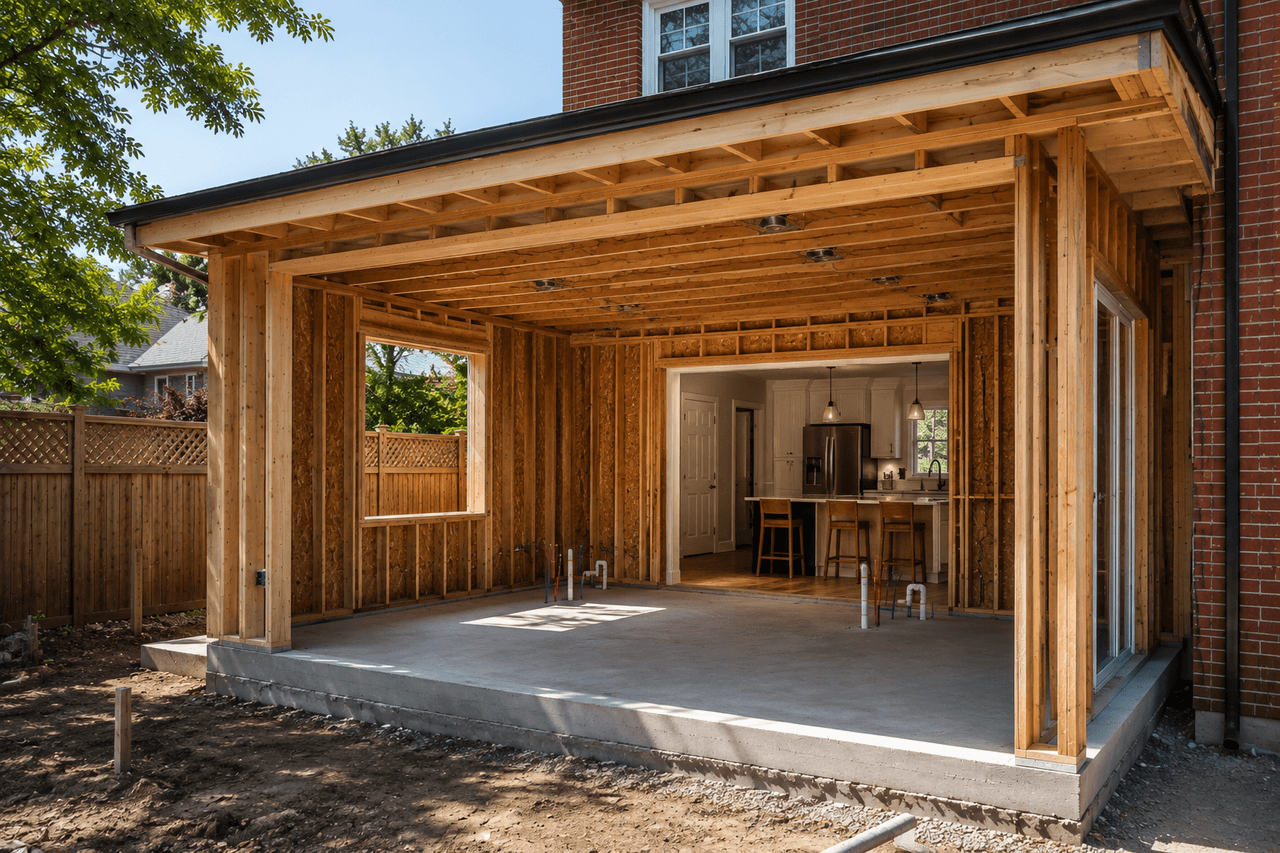 Residential home addition under construction with wood framing, concrete slab, large openings and connection to an existing kitchen