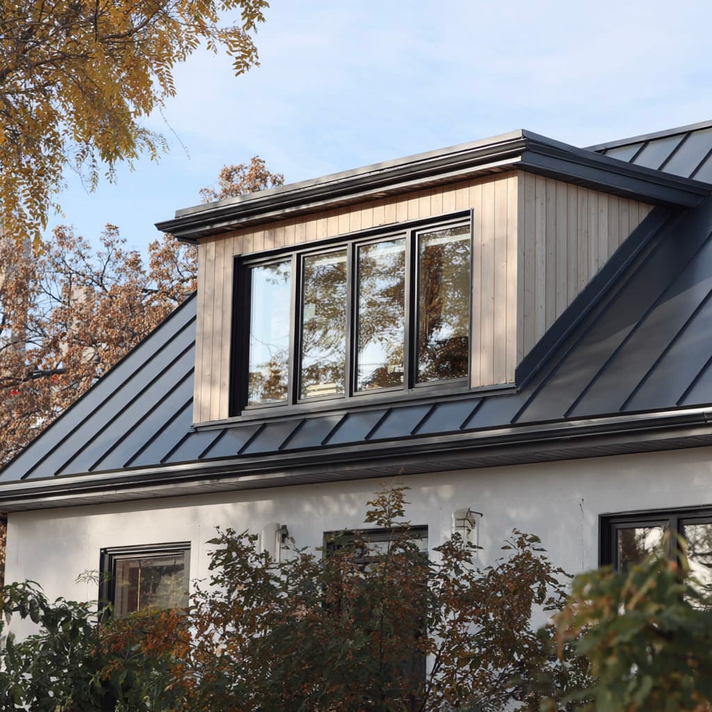 House with a black standing seam metal roof, modern dormer, large windows, and light exterior siding surrounded by trees.