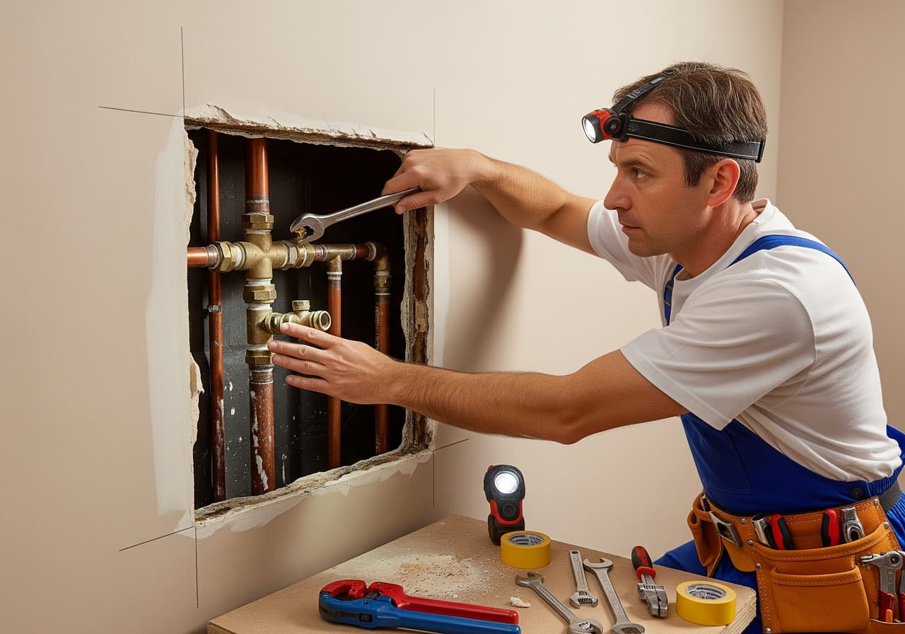 Plumber repairing copper pipes inside a wall, using a wrench and wearing a headlamp, with various plumbing tools and tape on a nearby work surface.