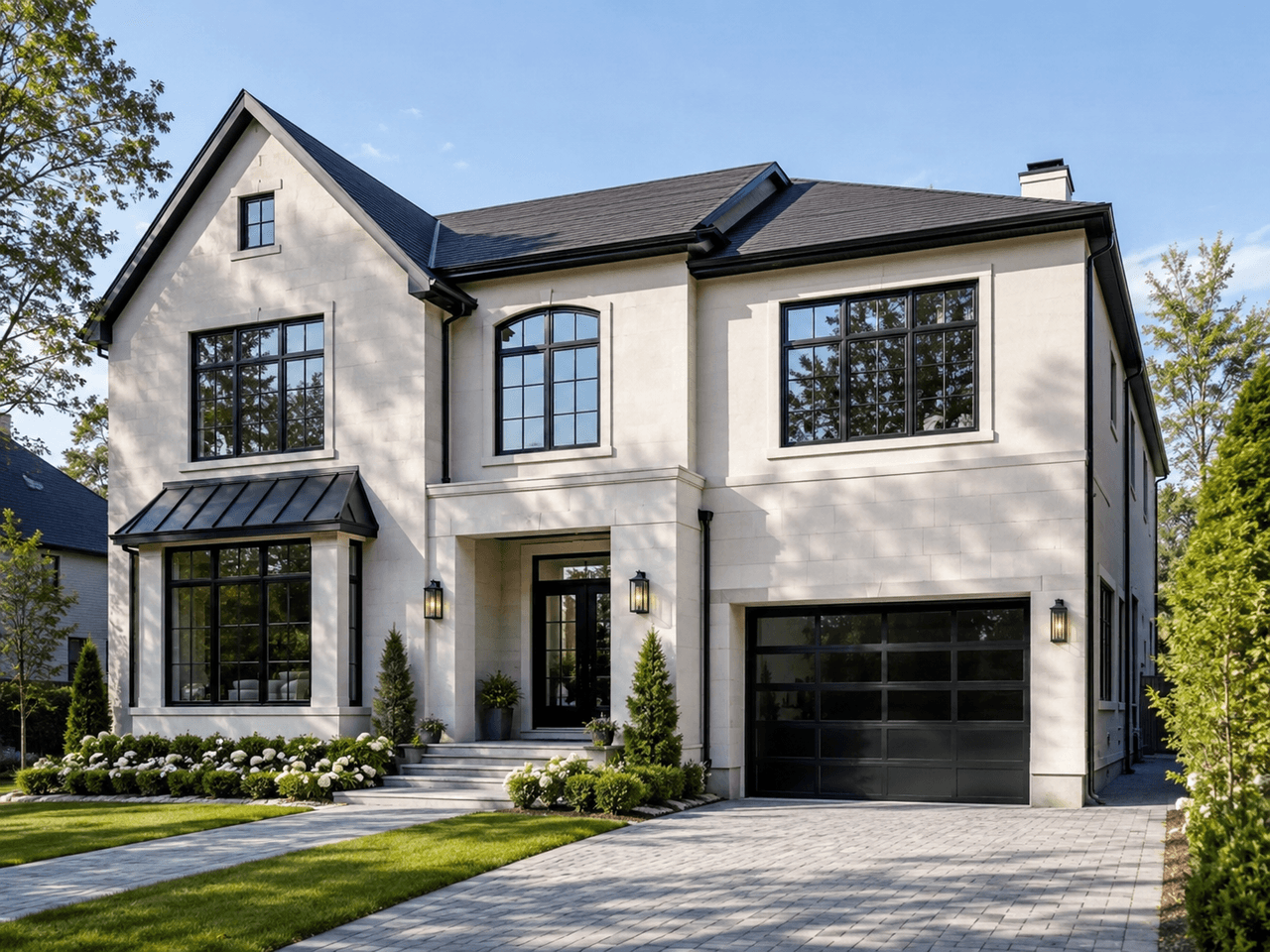 Luxury contemporary two-storey home with a light stone façade, black-framed windows, modern garage, elegant entrance, and manicured landscaping
