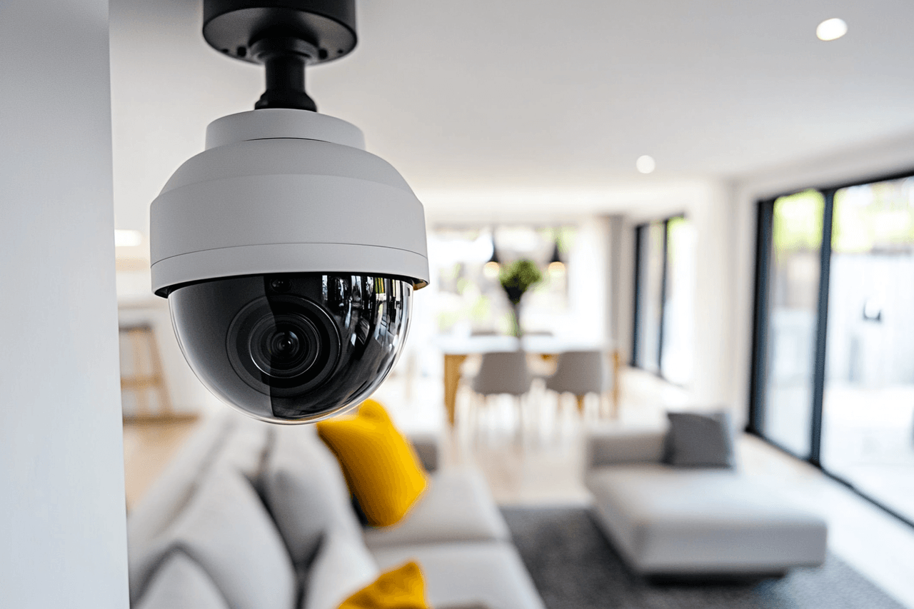 Indoor security camera mounted on the ceiling in a modern living room with large windows and light-coloured furniture.