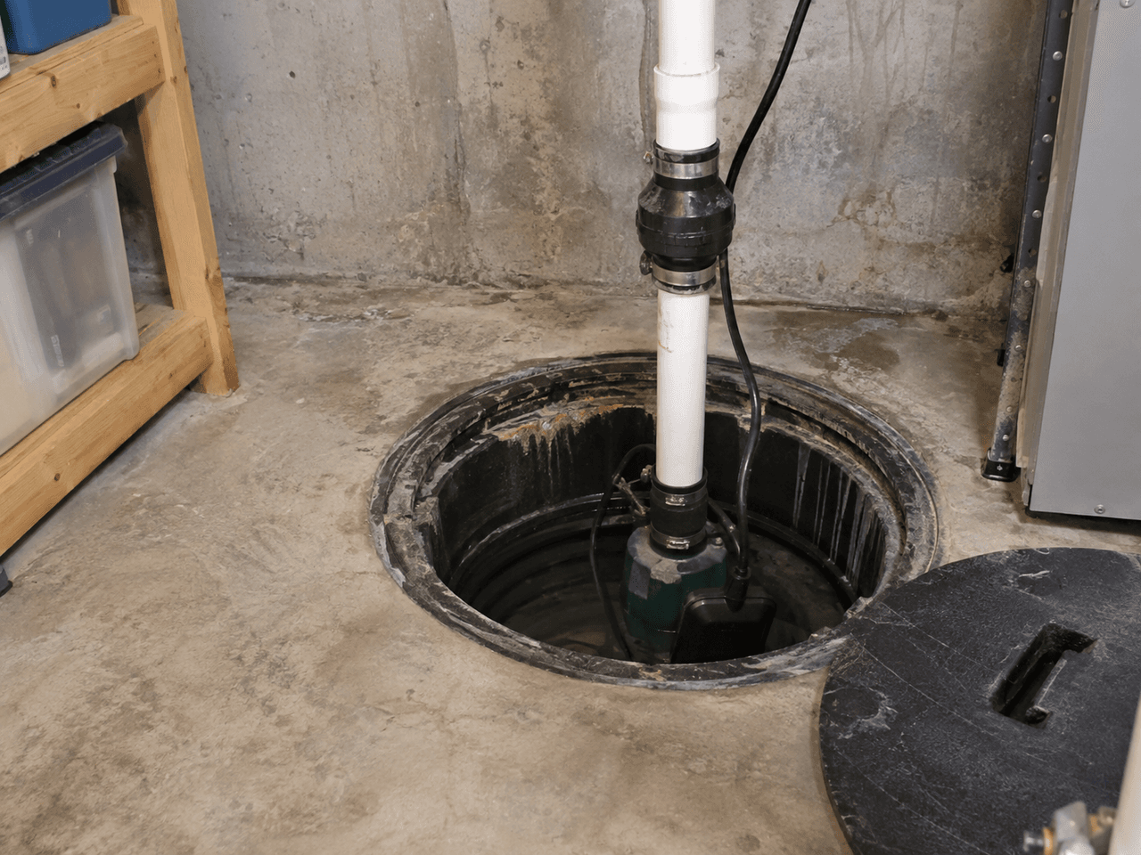 Sump pump installed in a basement pit with PVC discharge piping, designed to control water accumulation near the foundation