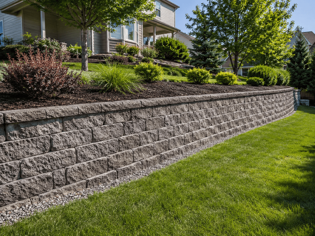 Concrete block retaining wall built on a sloped residential property with lawn, shrubs, trees and landscaped gardens