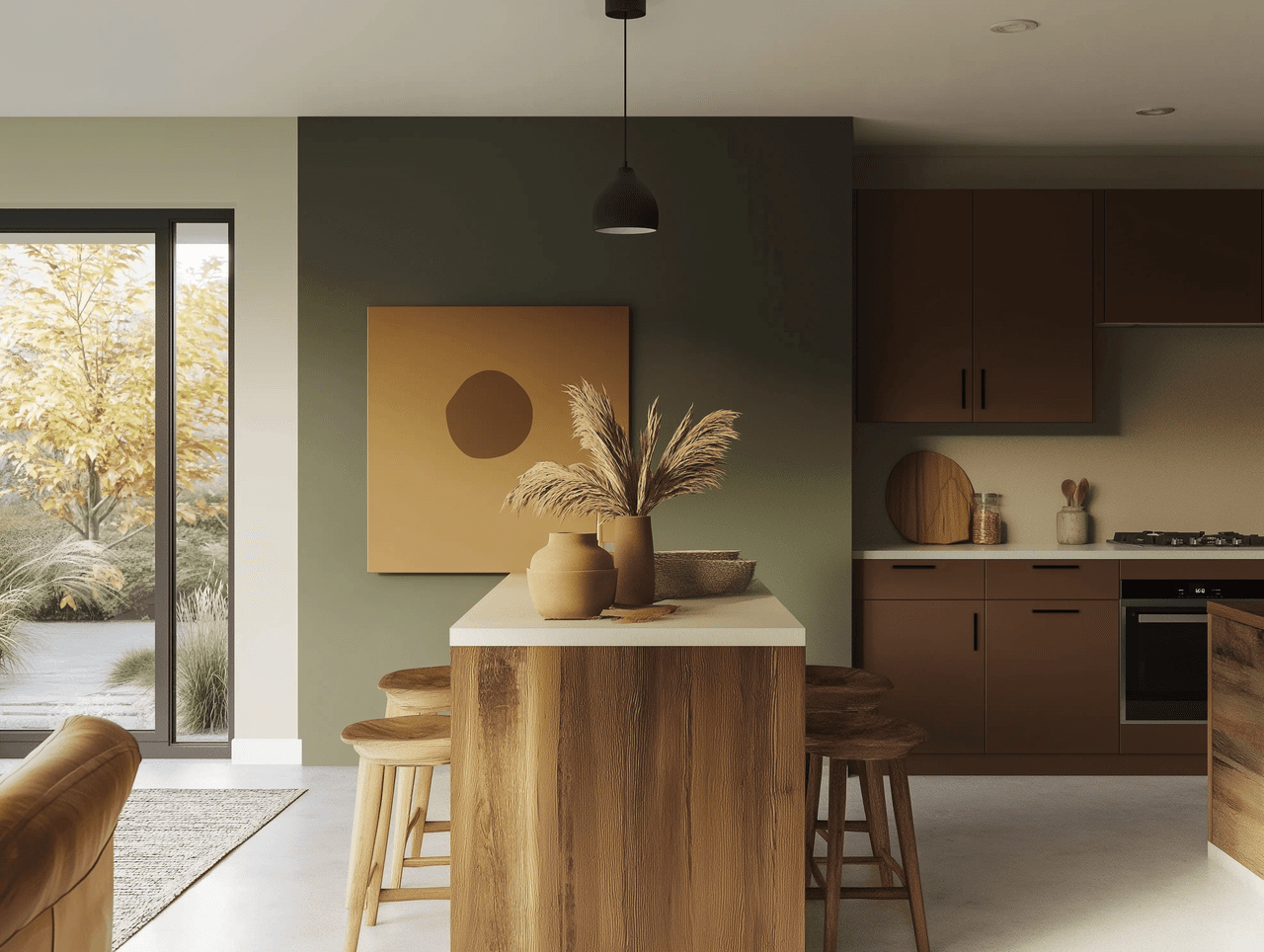 Modern kitchen with wooden island, minimalist natural decor, olive green wall and warm wood elements