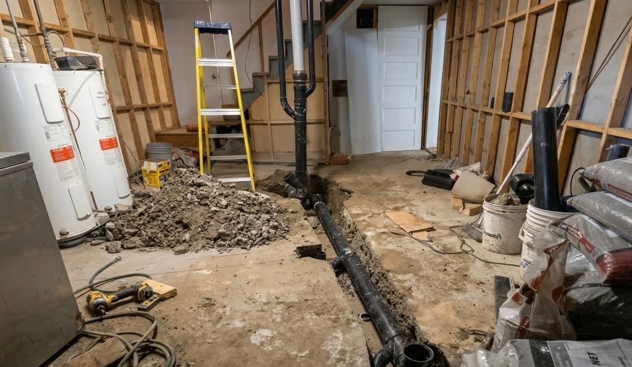 Basement under renovation with trench for drainage piping and exposed plumbing, foundation work in progress