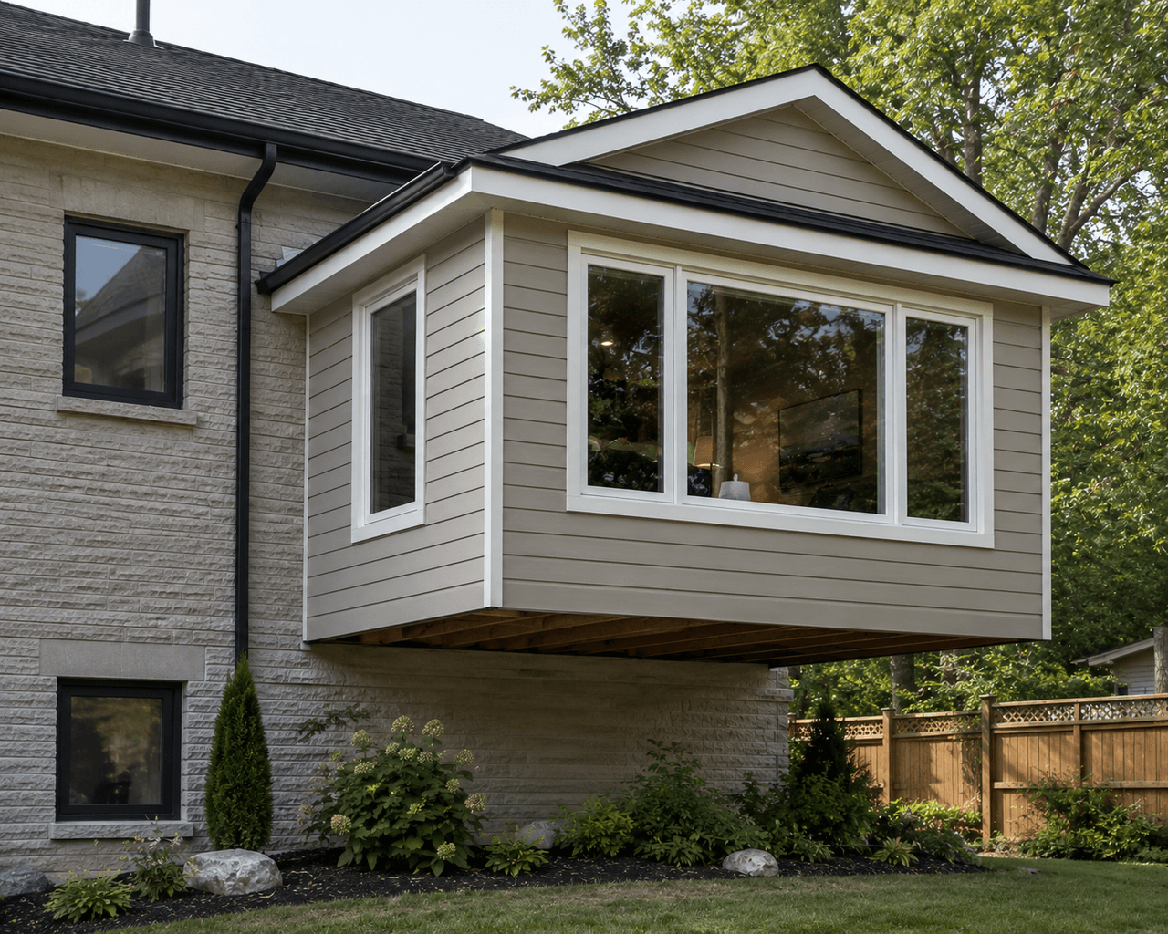 Modern side home addition with a cantilevered structure, large windows, beige exterior siding, a gabled roof, and landscaped surroundings