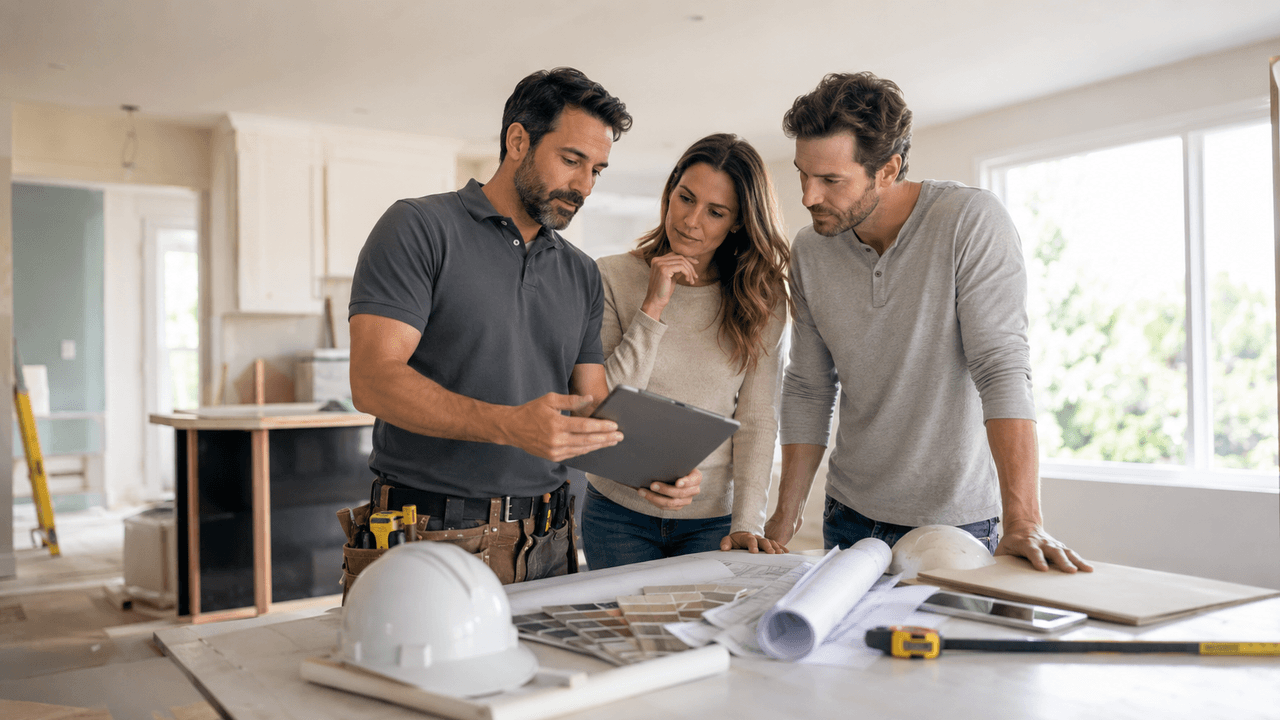 Renovation contractor reviewing plans and material options with a couple inside a home under renovation