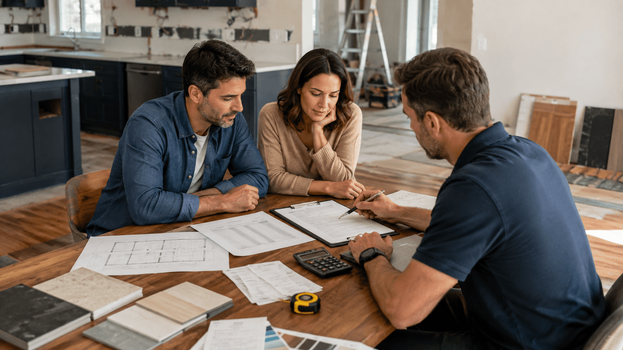 Couple discussing a renovation project with a professional around plans, estimates, and material samples in a kitchen under construction.