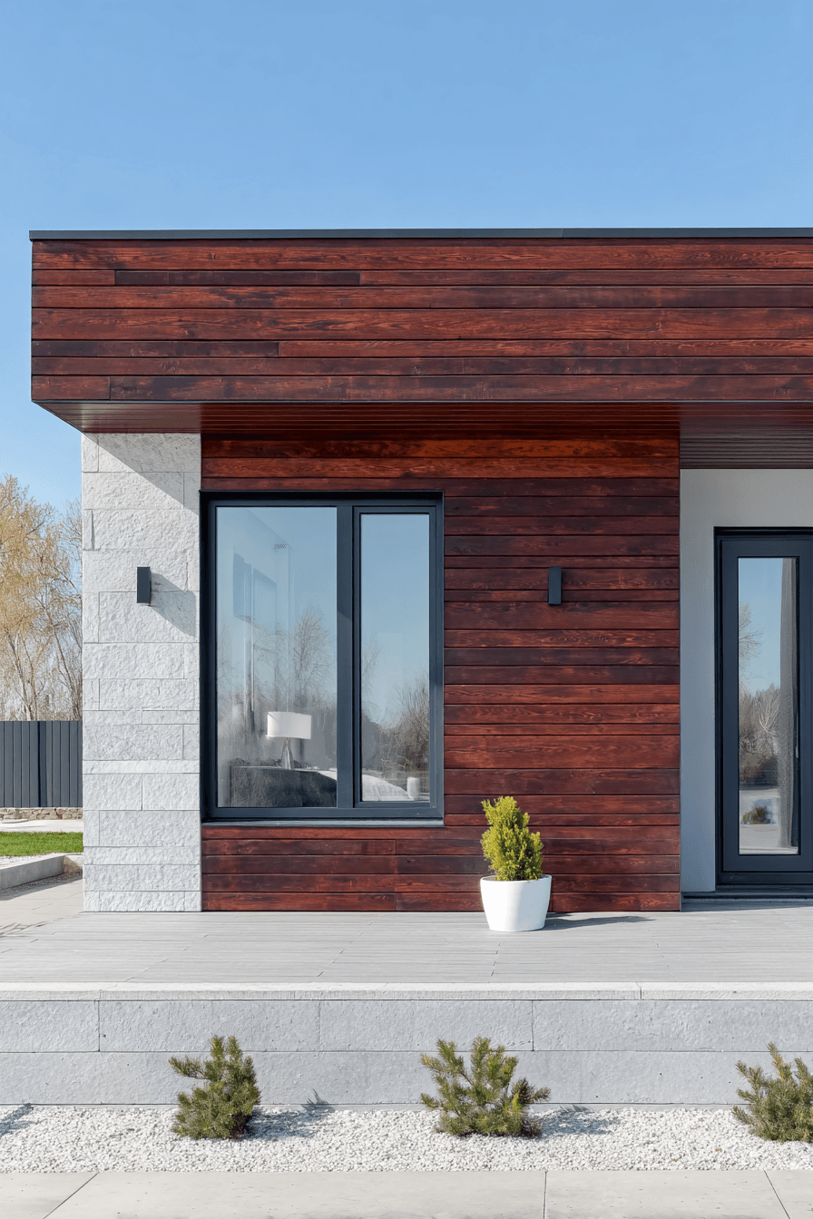 Modern house facade with brown wood siding, white stone, large black windows, glass door, and minimalist outdoor terrace