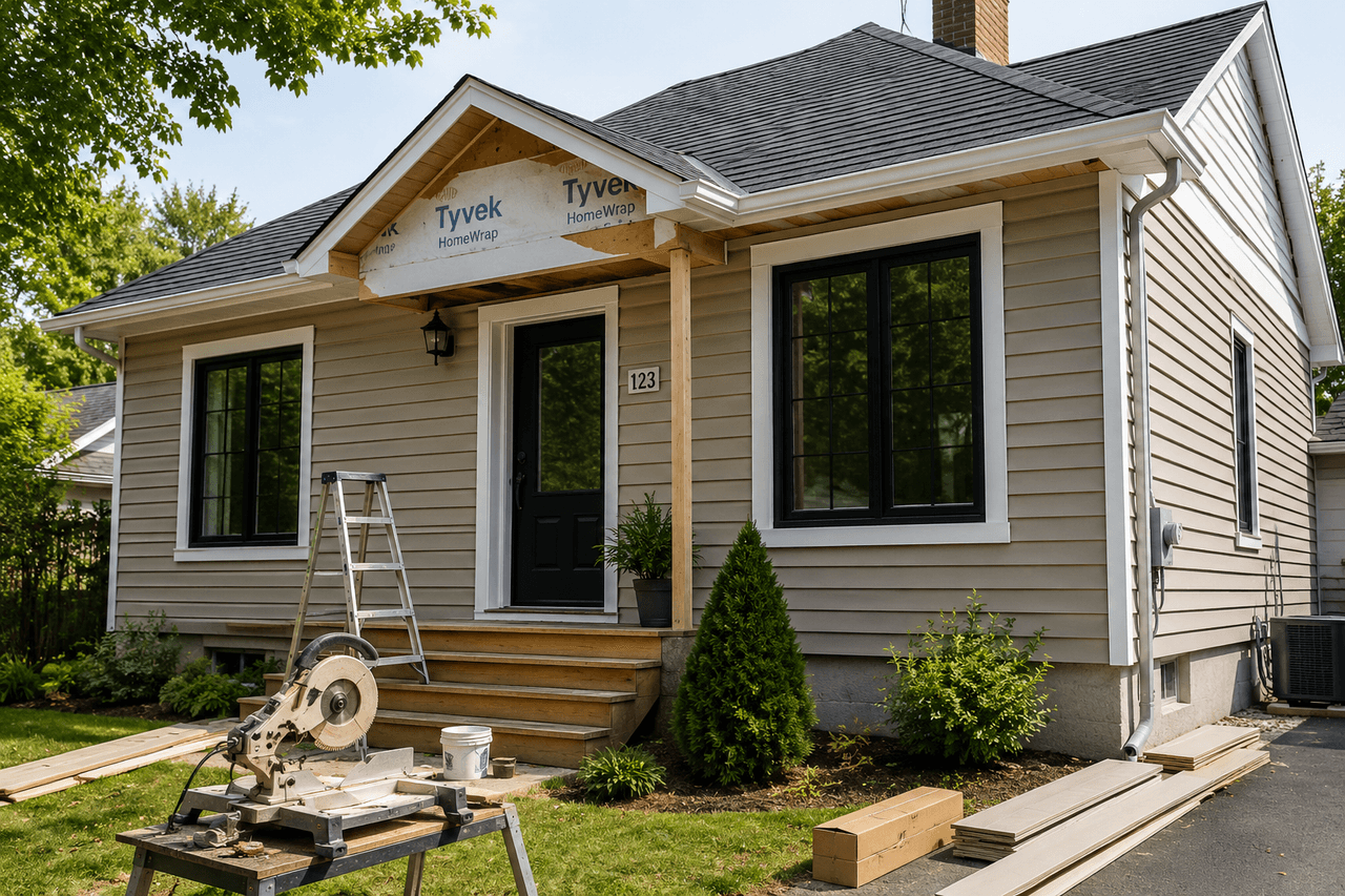 Residential house undergoing exterior renovation with partially installed siding, an entry canopy under construction, and tools and materials arranged in front of the façade.