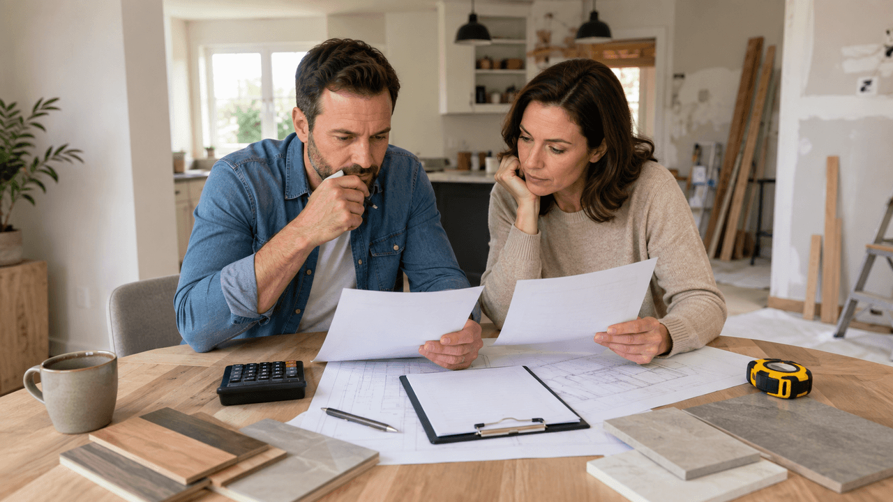Couple reviewing quotes, plans and material samples for a home renovation project inside a house under construction