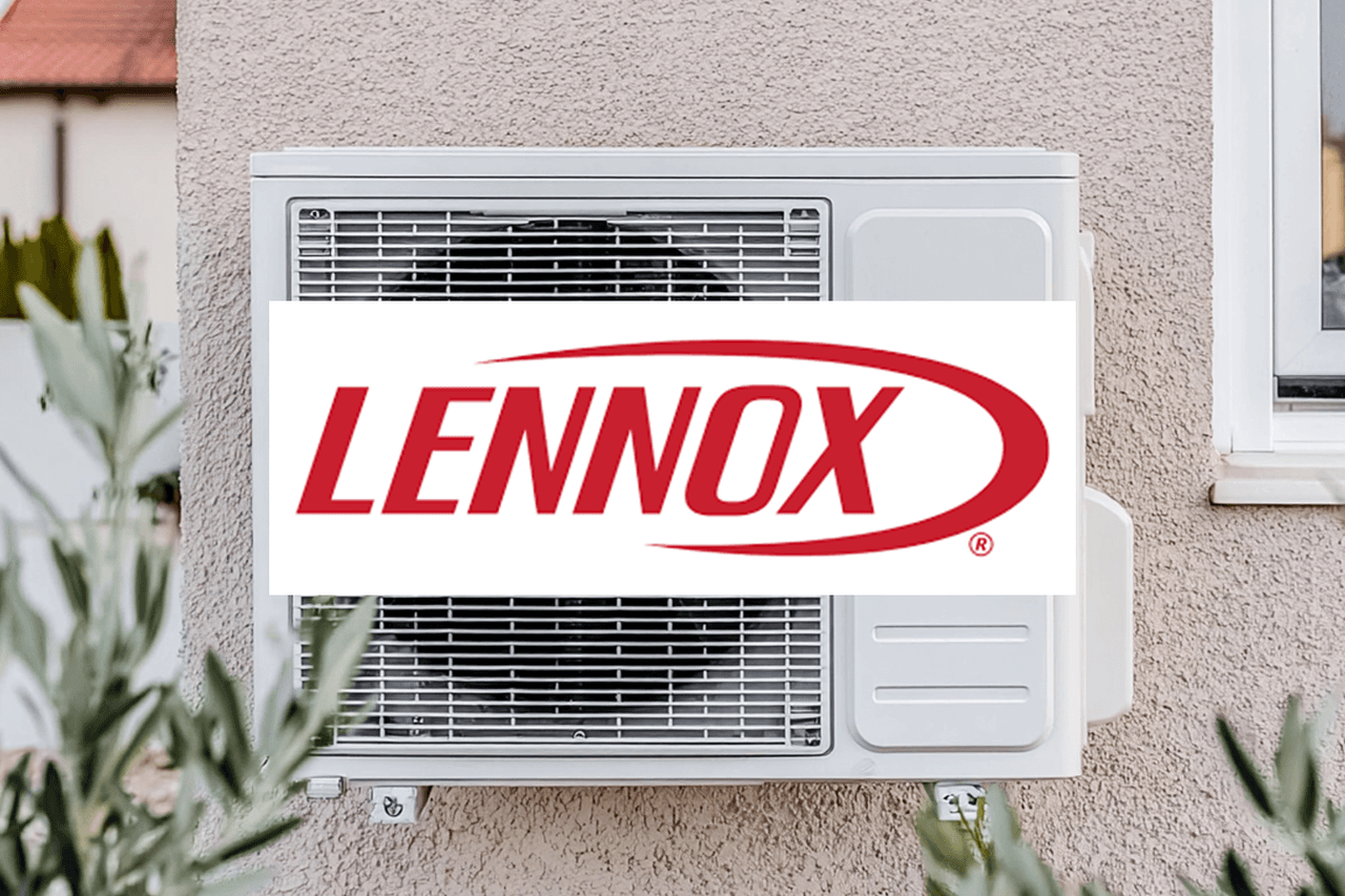 Lennox outdoor wall-mounted air conditioning unit installed on a stucco wall