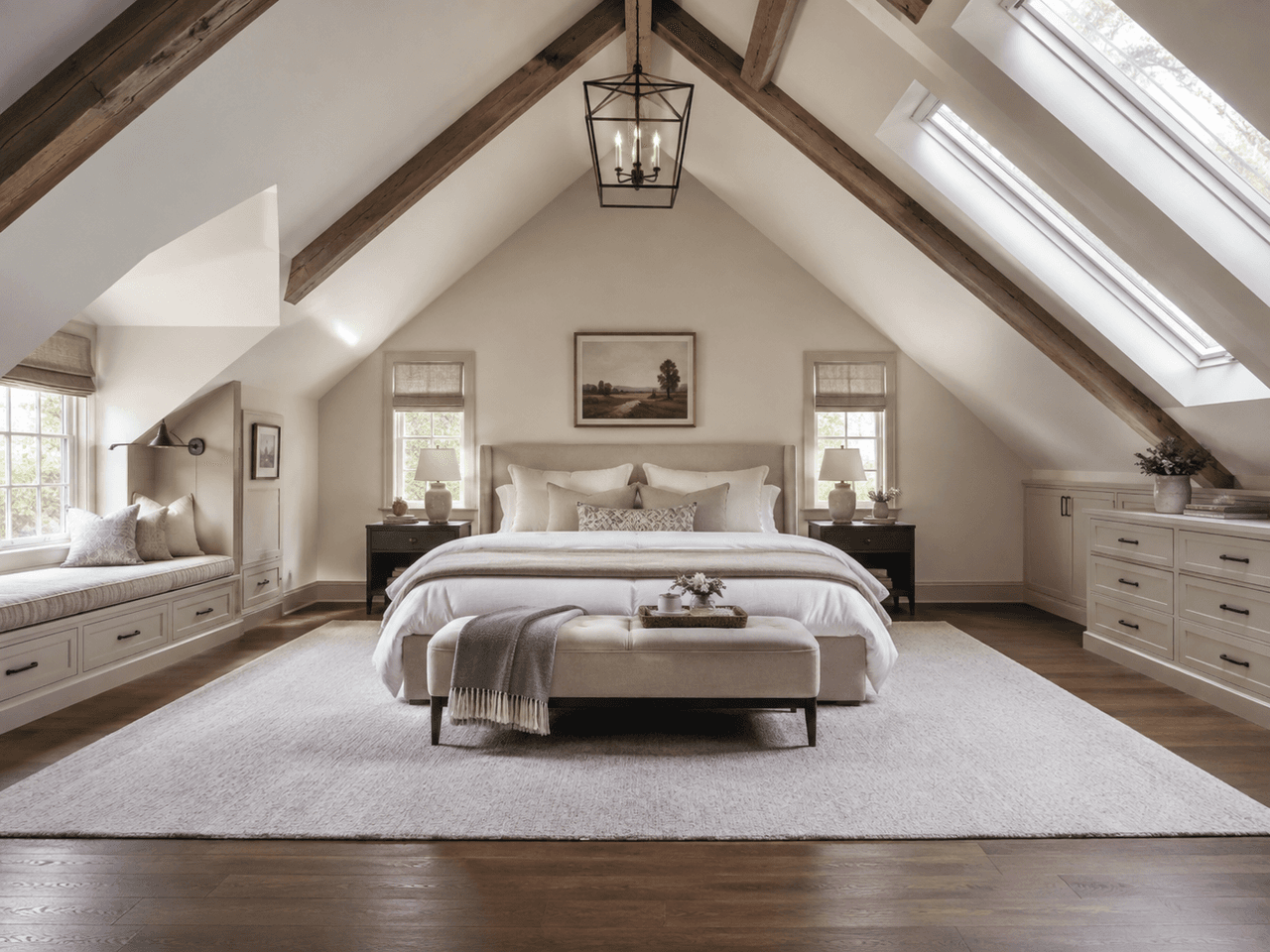 Primary attic bedroom with a vaulted ceiling, exposed wood beams, skylights, built-in storage, and contemporary interior decor