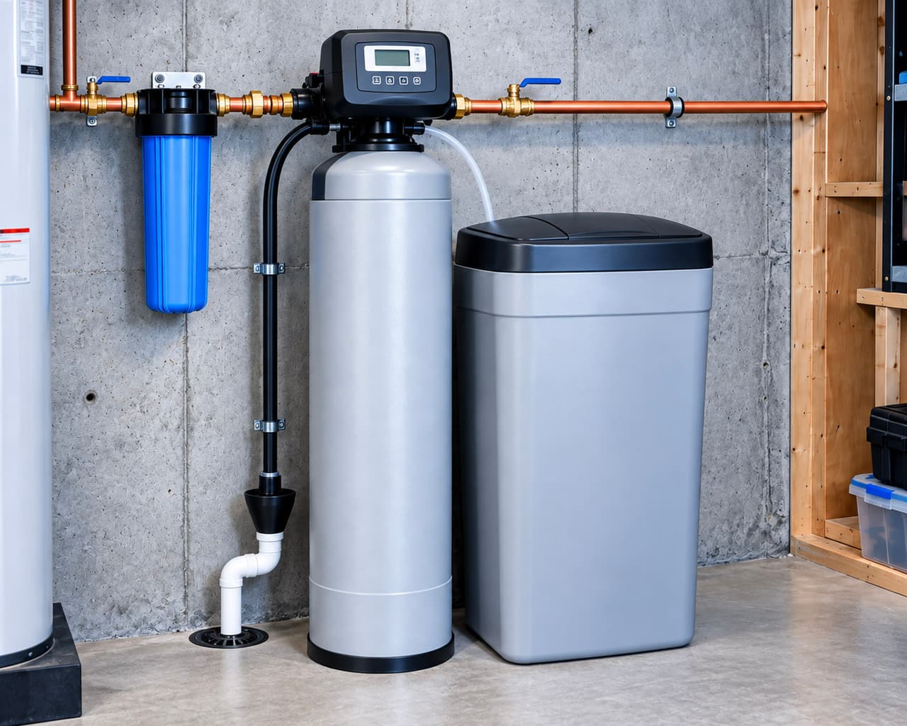 Residential water treatment system with filter, water softener tank, and brine tank installed in a basement with copper piping.