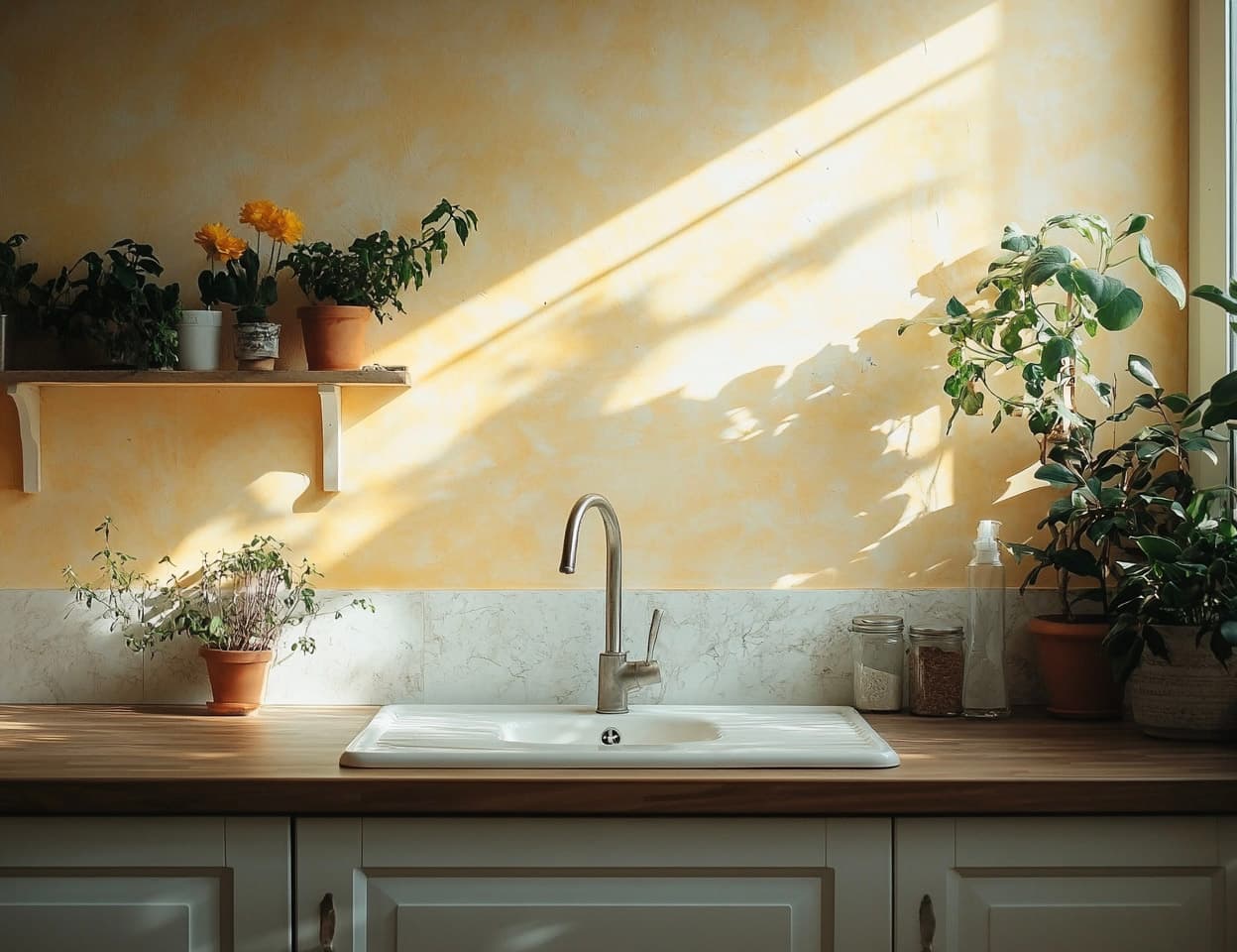 Bright kitchen with white sink, modern faucet, potted plants and sunny yellow wall.