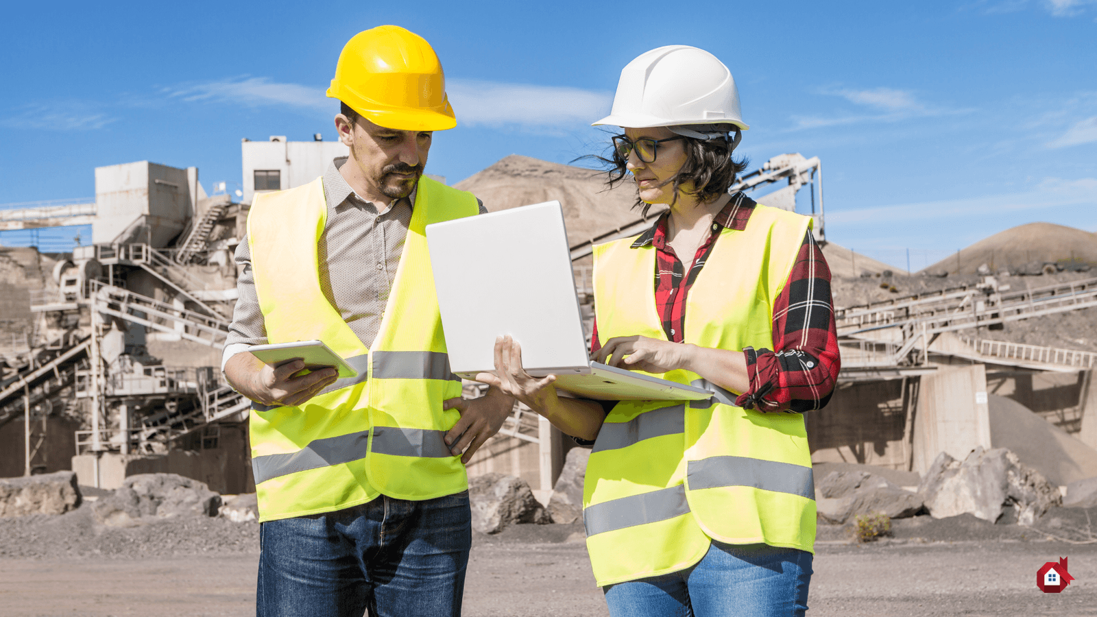 a man and a woman in front of a computer on a construction site 